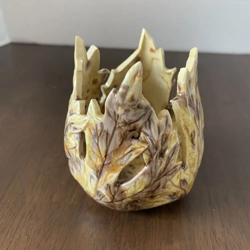ART POTTERY VINTAGE.HANDMADE Yellow & Brown Leaf Design 3 3/4 Inch Signed W/date